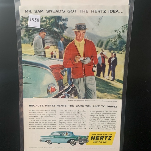 Vintage 1958 Hertz Mr Sam Snead's Got The Hertz Idea Ad Advertisement - Picture 1 of 2